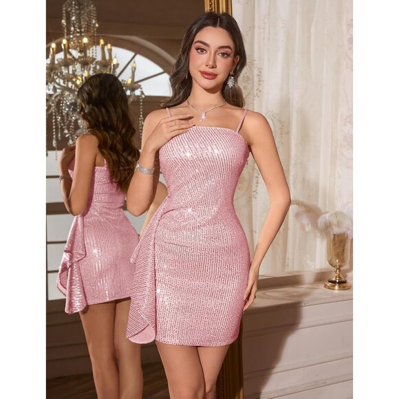 Women's Sequin Sparkly Mini Dress Spaghetti Strap Bodycon Party Night Wear - Picture 2 of 5